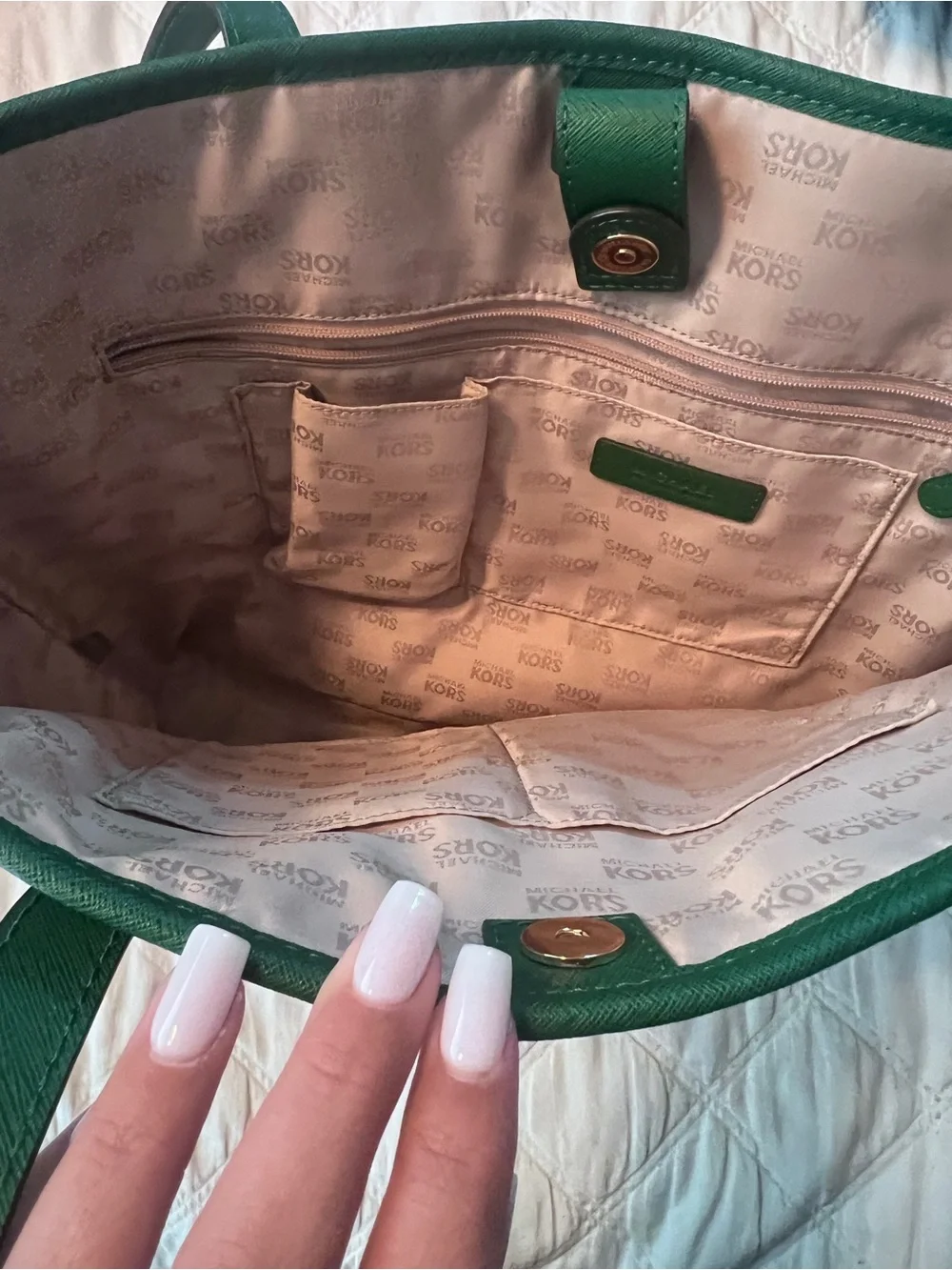 Michael Kors Green Leather Tote with Gold MK Emblem